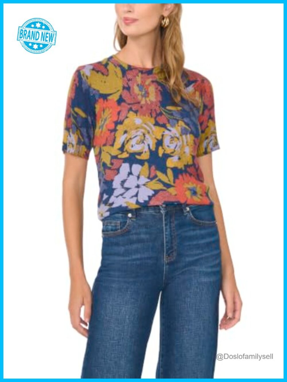 Floral Print Short Sleeve Crew Neck Sweater Pullover